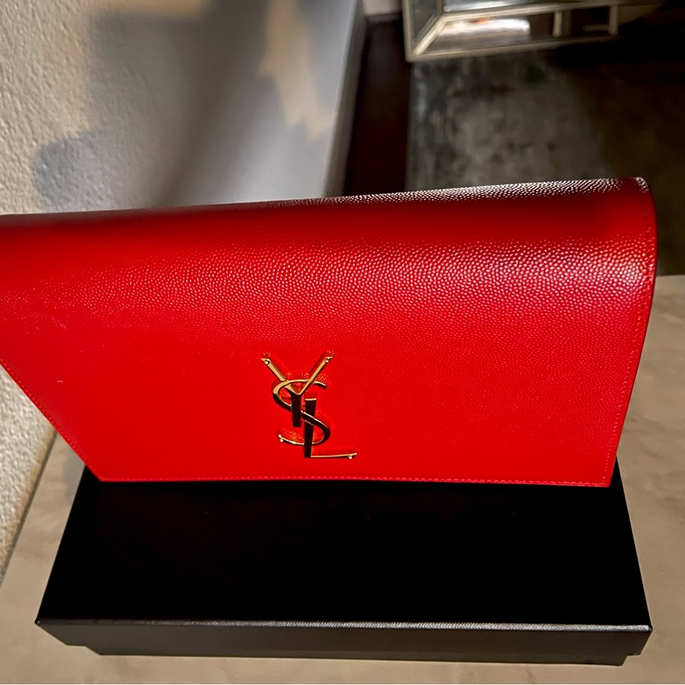 Yves Saint Laurent Red Clutch with Gold Logo - Picture 3 of 11